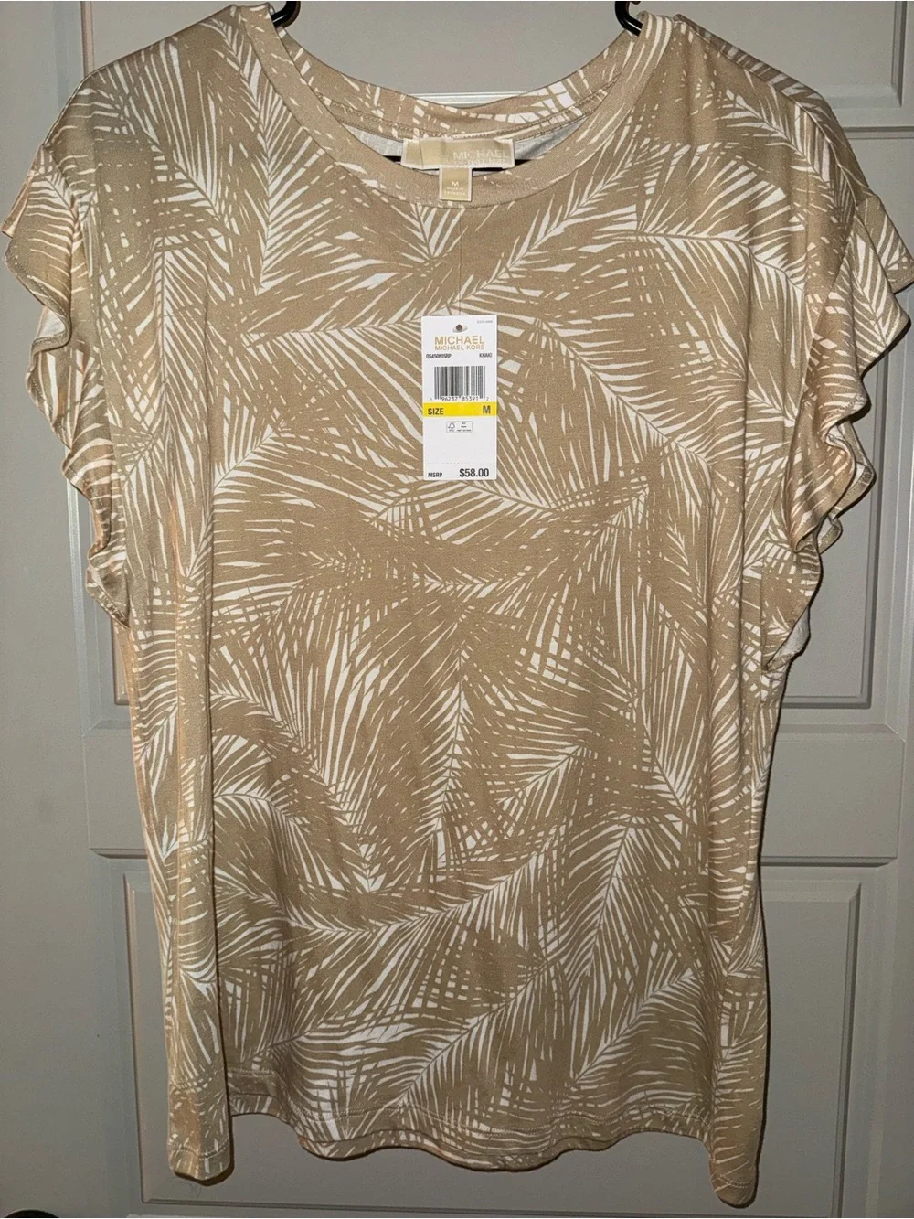 Michael Kors Cream and Tan Palm-Print Flutter Sleeve Tee